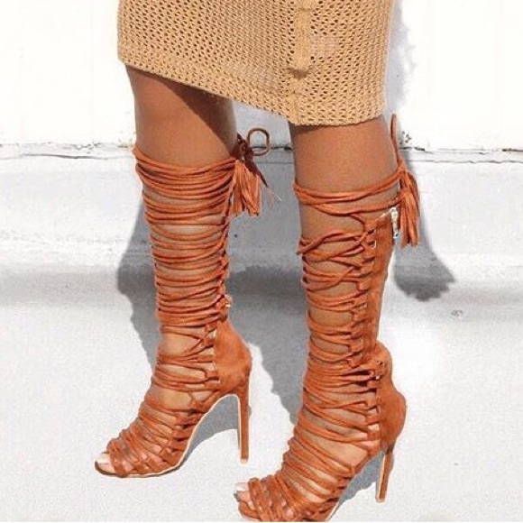 Simmi Rianne Tan Suede Lace Up Knee High Sandals - Picture 2 of 6